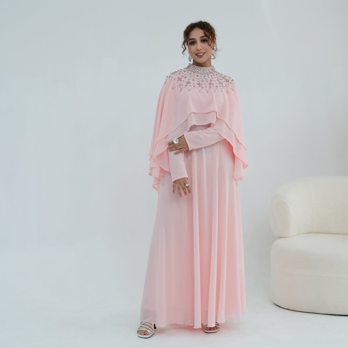 Crystal Embellished Cape Sleeve Chiffon Maxi Dress Set(MS461)
