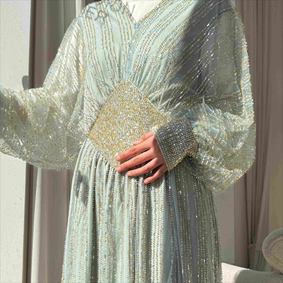 Crystal-Embellished Elegant Abaya with Defined Waist Silhouette (MA391)