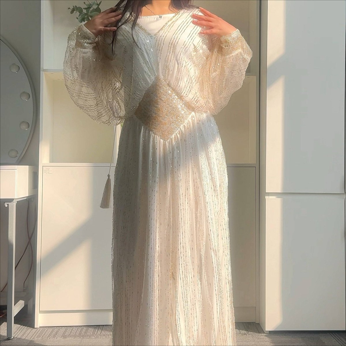 Crystal-Embellished Elegant Abaya with Defined Waist Silhouette (MA391)