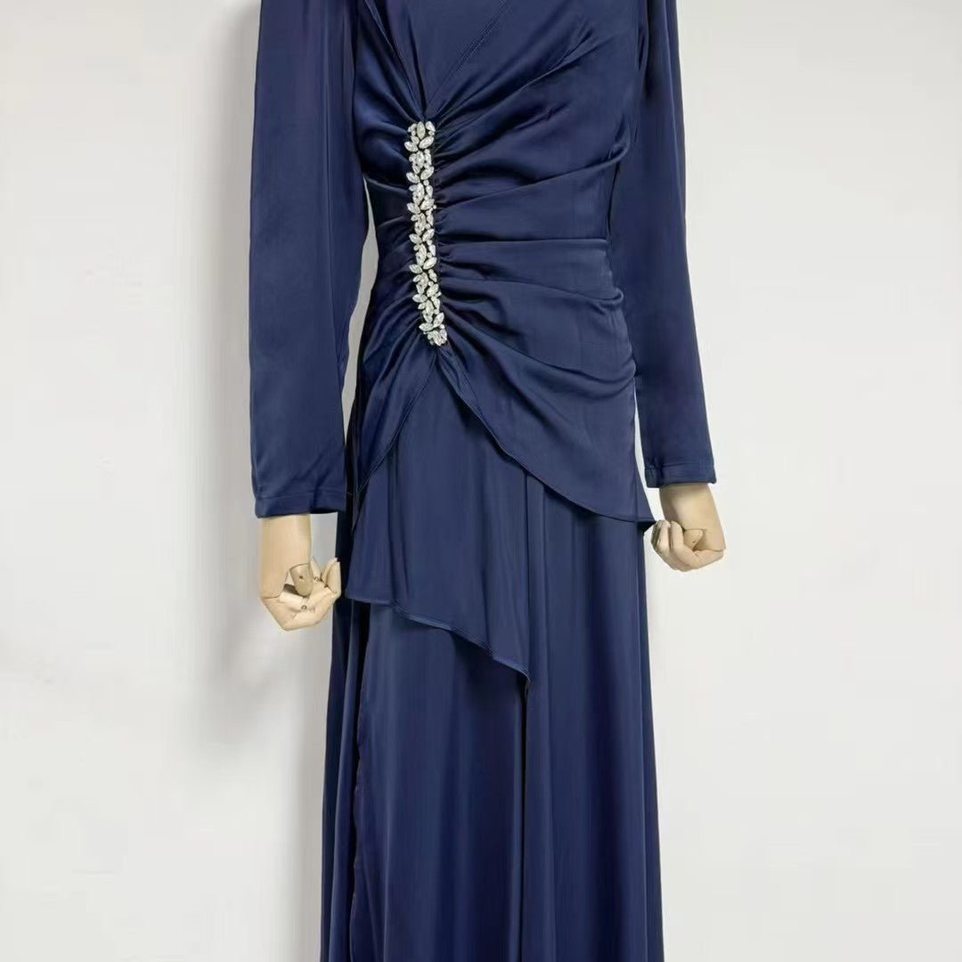 Crystal-Embellished Ruched Dress with Asymmetric Ruffle Skirt(MS346)
