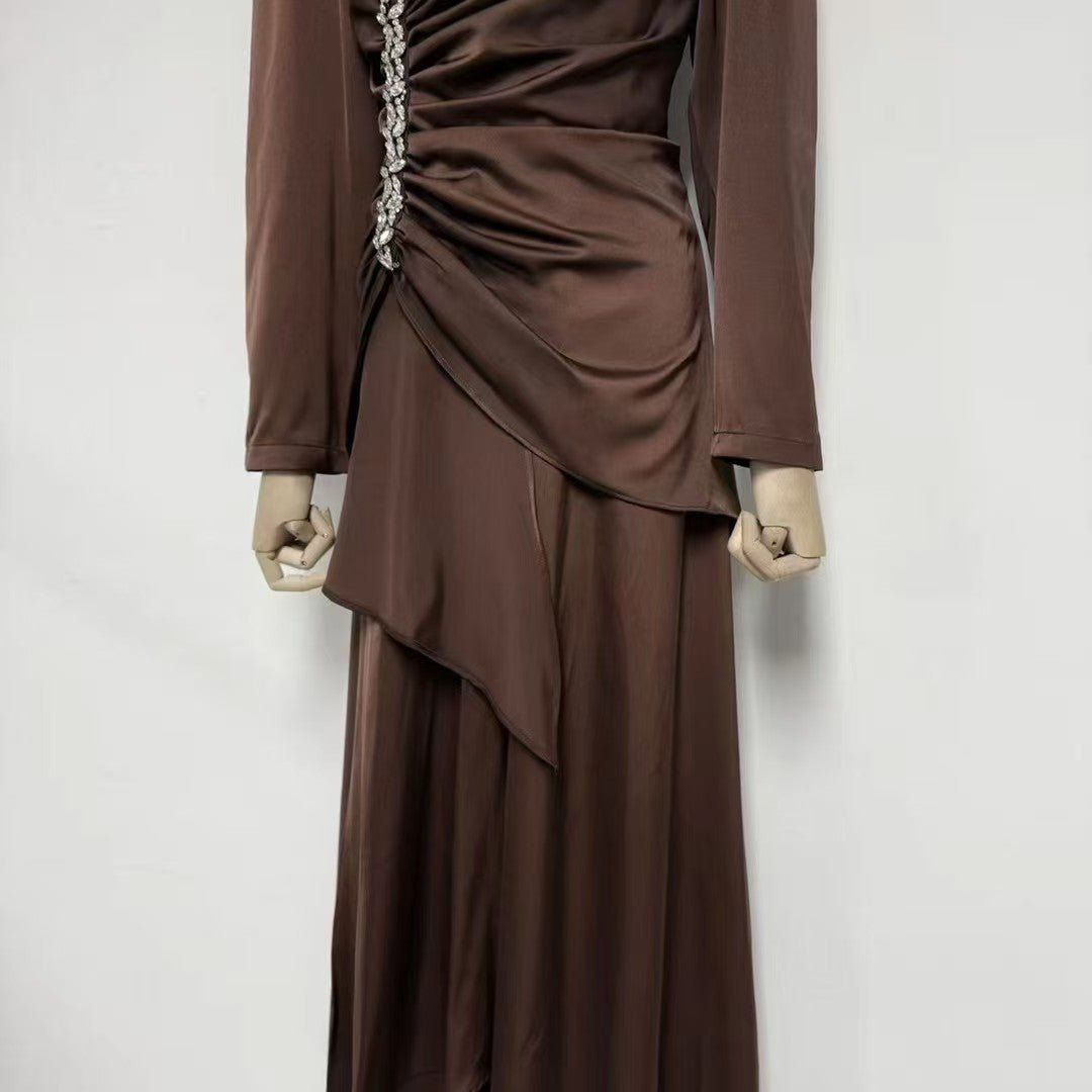 Crystal-Embellished Ruched Dress with Asymmetric Ruffle Skirt(MS346)