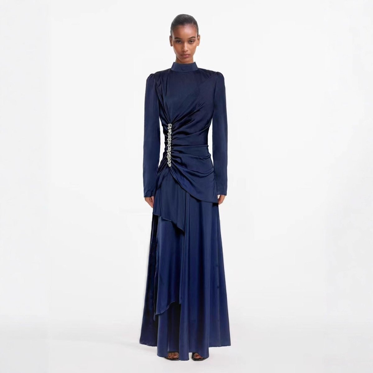Crystal-Embellished Ruched Dress with Asymmetric Ruffle Skirt(MS346)