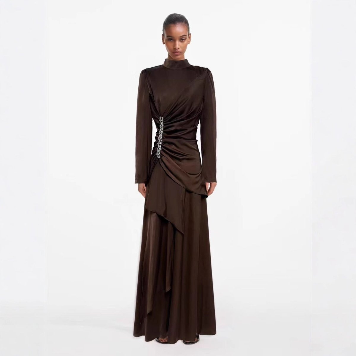 Crystal-Embellished Ruched Dress with Asymmetric Ruffle Skirt(MS346)