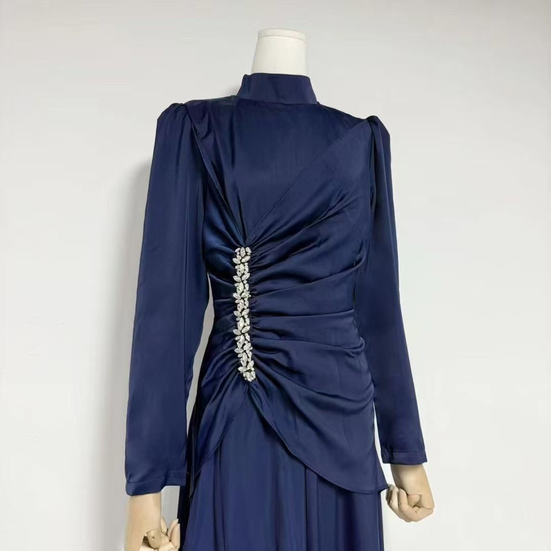 Crystal-Embellished Ruched Dress with Asymmetric Ruffle Skirt(MS346)