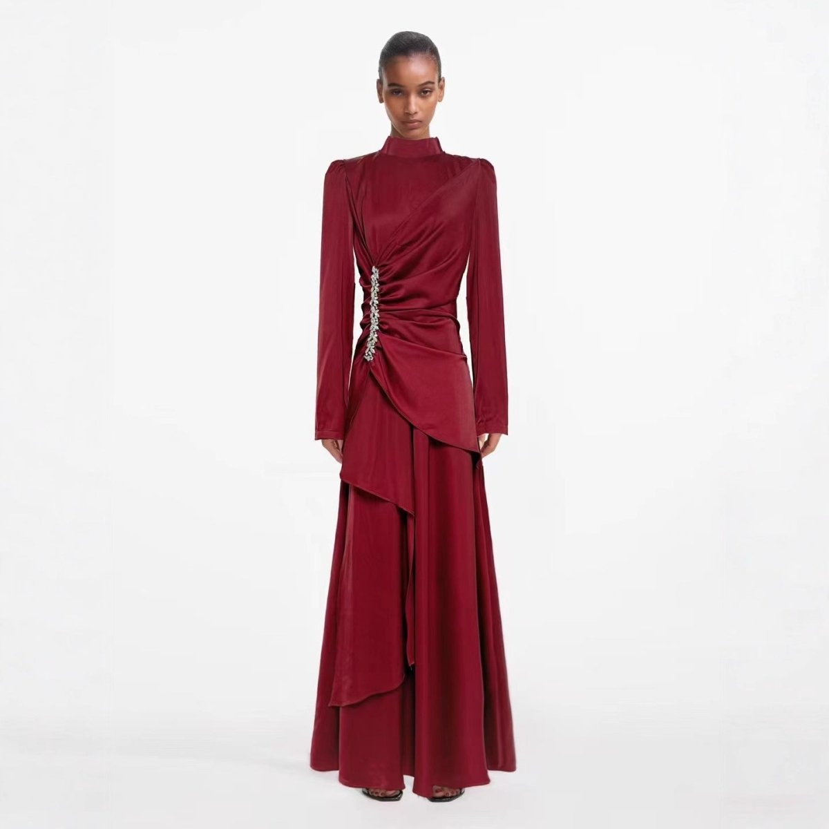 Crystal-Embellished Ruched Dress with Asymmetric Ruffle Skirt(MS346)
