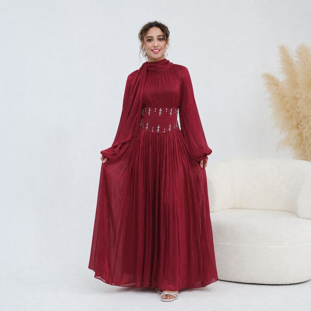 Crystal-Embellished Wide Belt Puff-Sleeve Maxi Dress(MS477)
