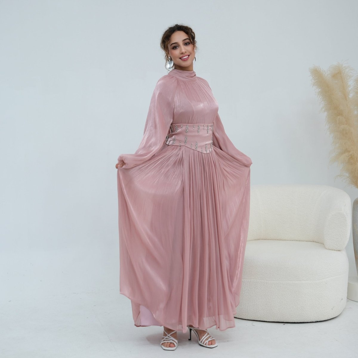 Crystal-Embellished Wide Belt Puff-Sleeve Maxi Dress(MS477)