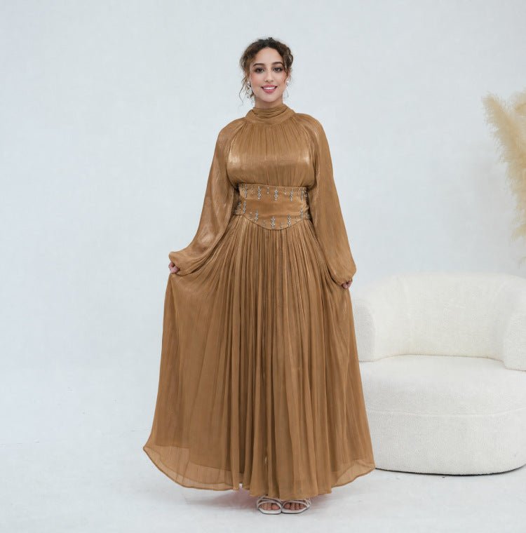 Crystal-Embellished Wide Belt Puff-Sleeve Maxi Dress(MS477)