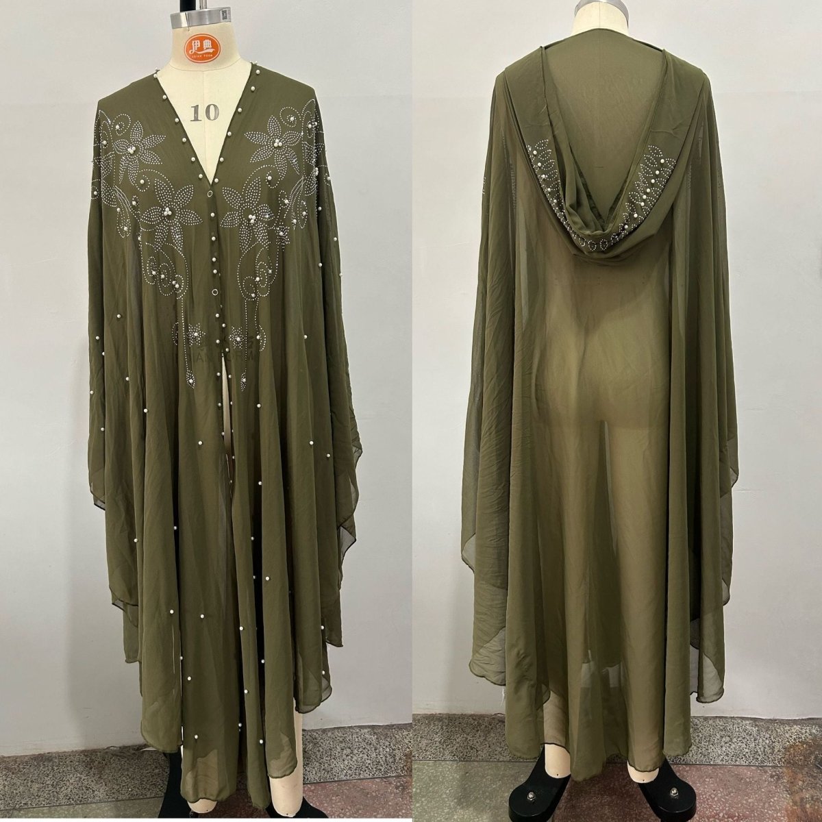 Crystal & Pearl Embellished Hooded Cape Abaya (MA366)