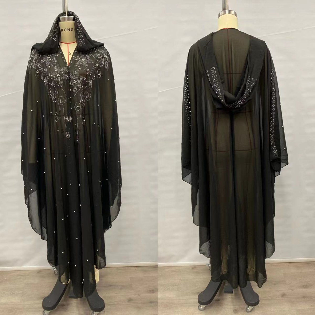 Crystal & Pearl Embellished Hooded Cape Abaya (MA366)