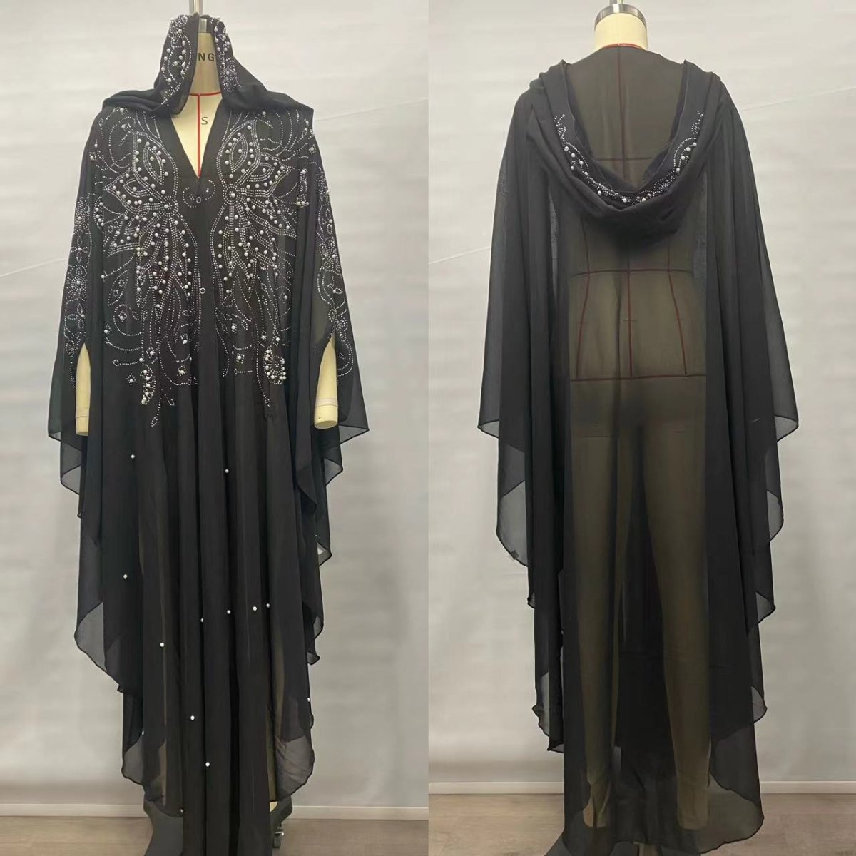 Crystal & Pearl Embellished Hooded Cape Abaya (MA366)