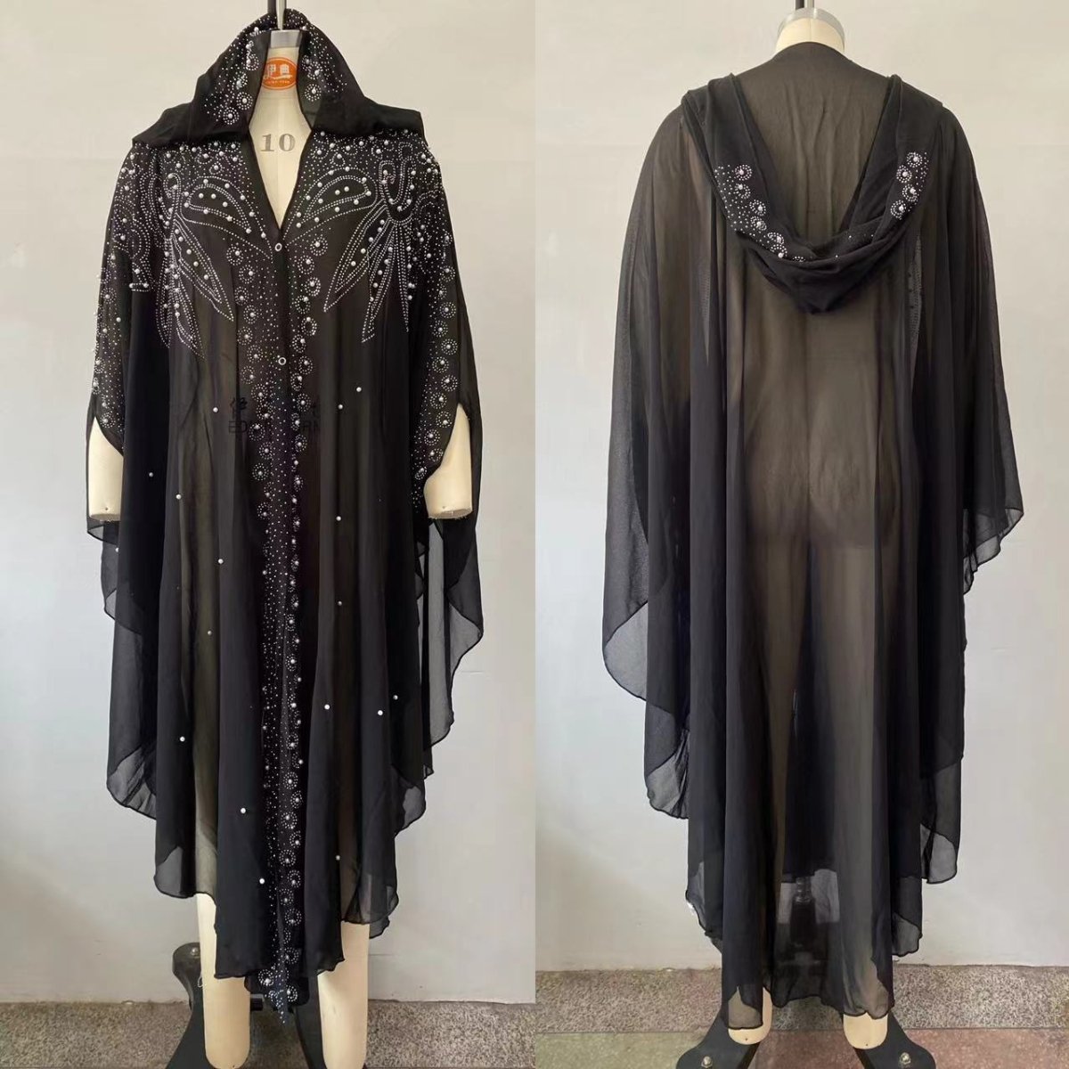 Crystal & Pearl Embellished Hooded Cape Abaya (MA366)