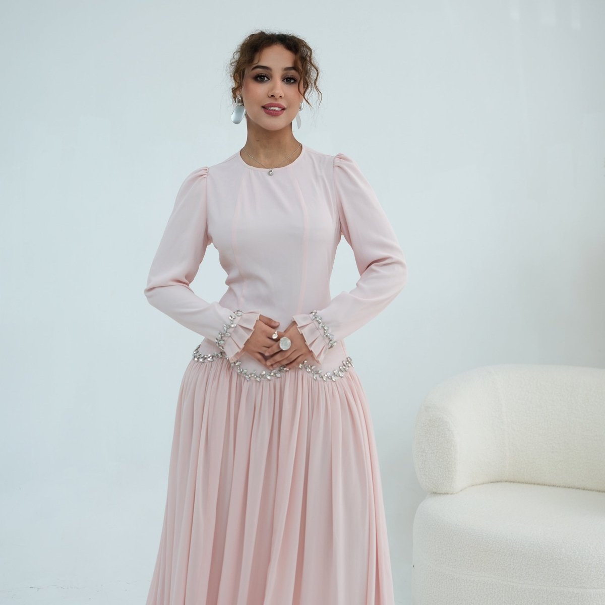 Crystal-Trim Ruffle Cuffs Maxi Dress(MS458)