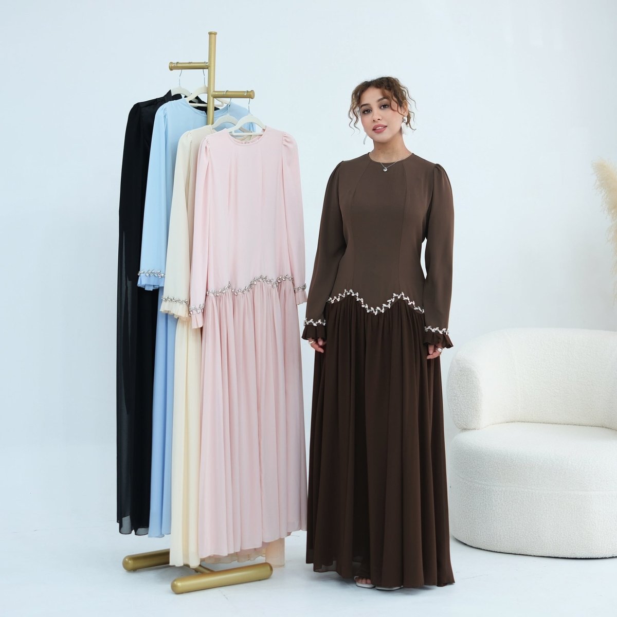 Crystal-Trim Ruffle Cuffs Maxi Dress(MS458)