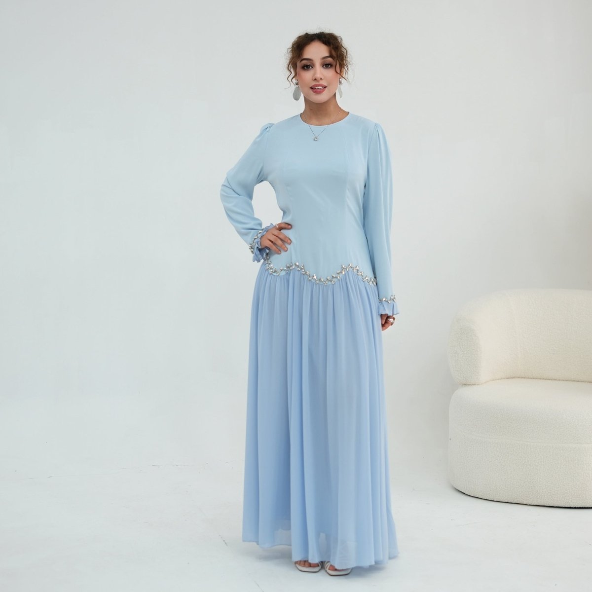 Crystal-Trim Ruffle Cuffs Maxi Dress(MS458)