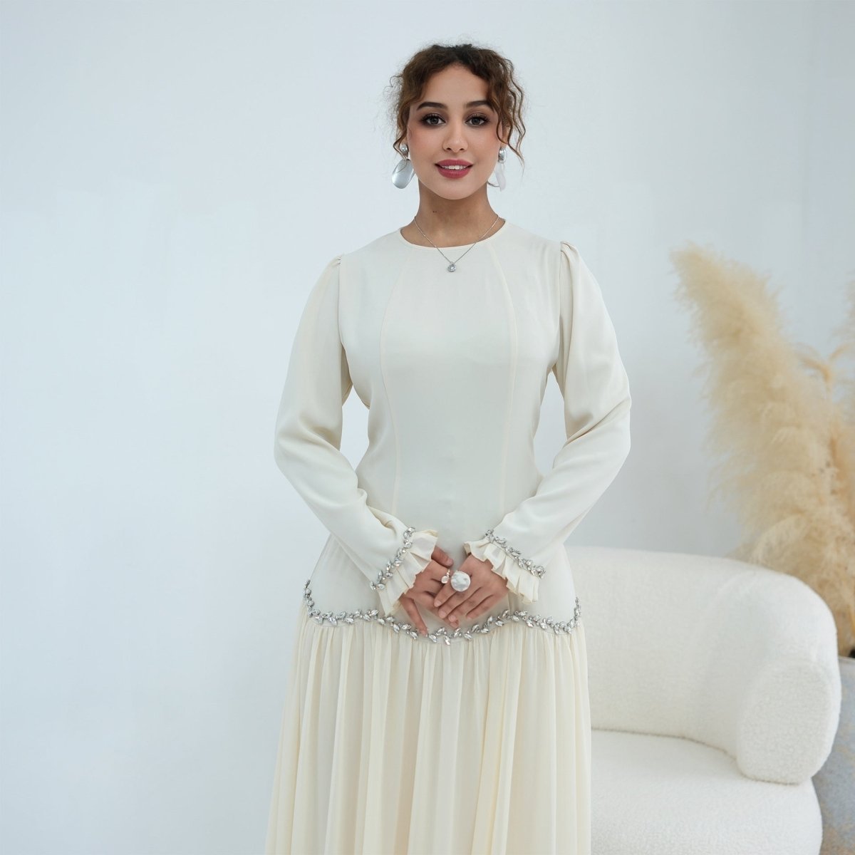 Crystal-Trim Ruffle Cuffs Maxi Dress(MS458)