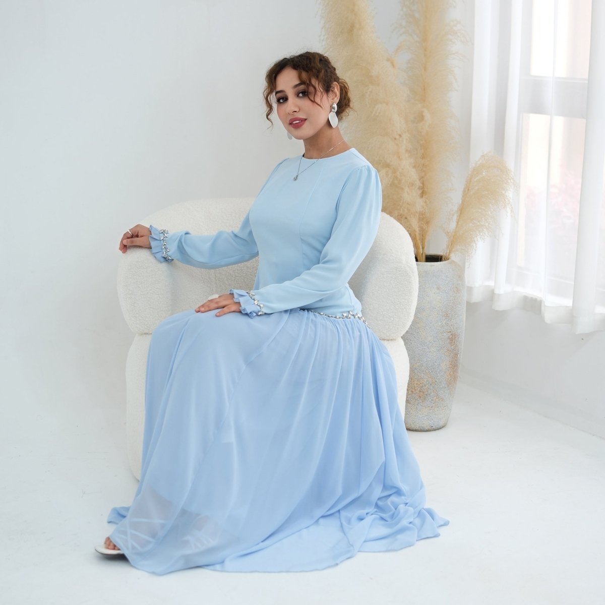 Crystal-Trim Ruffle Cuffs Maxi Dress(MS458)