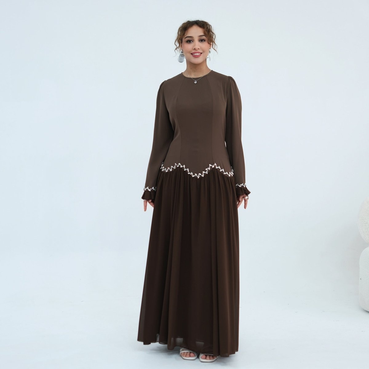 Crystal-Trim Ruffle Cuffs Maxi Dress(MS458)