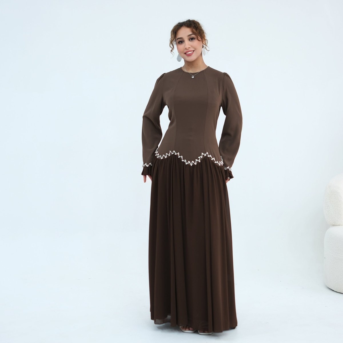 Crystal-Trim Ruffle Cuffs Maxi Dress(MS458)