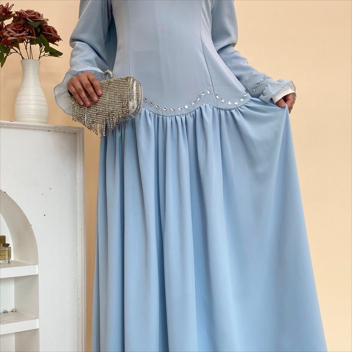 Crystal Waist Chain Dress with Ruffle Cuffs(MS306)