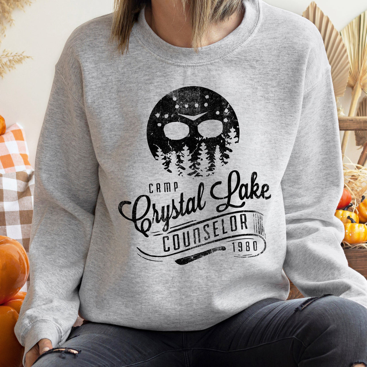 Crystal Lake Halloween Night Scene Haunted Campfire Moonlit Forest Graphic Sweatshirt