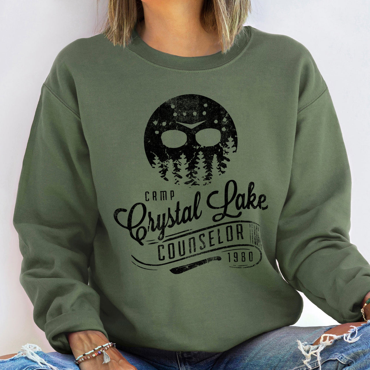 Crystal Lake Halloween Night Scene Haunted Campfire Moonlit Forest Graphic Sweatshirt