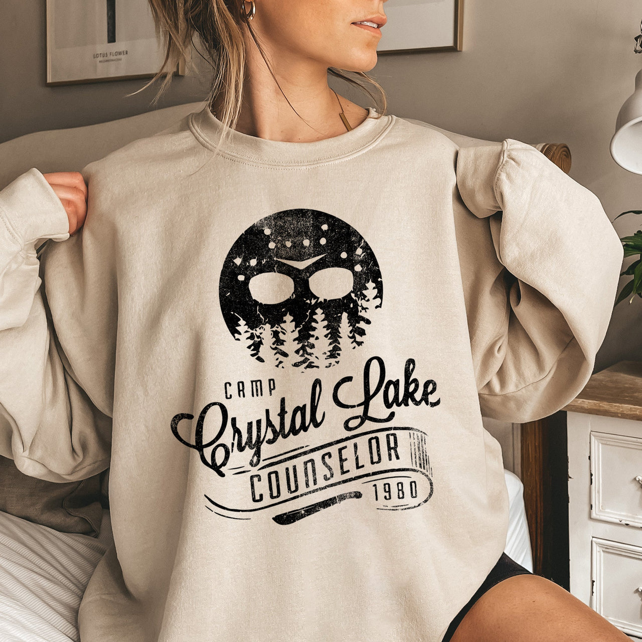 Crystal Lake Halloween Night Scene Haunted Campfire Moonlit Forest Graphic Sweatshirt