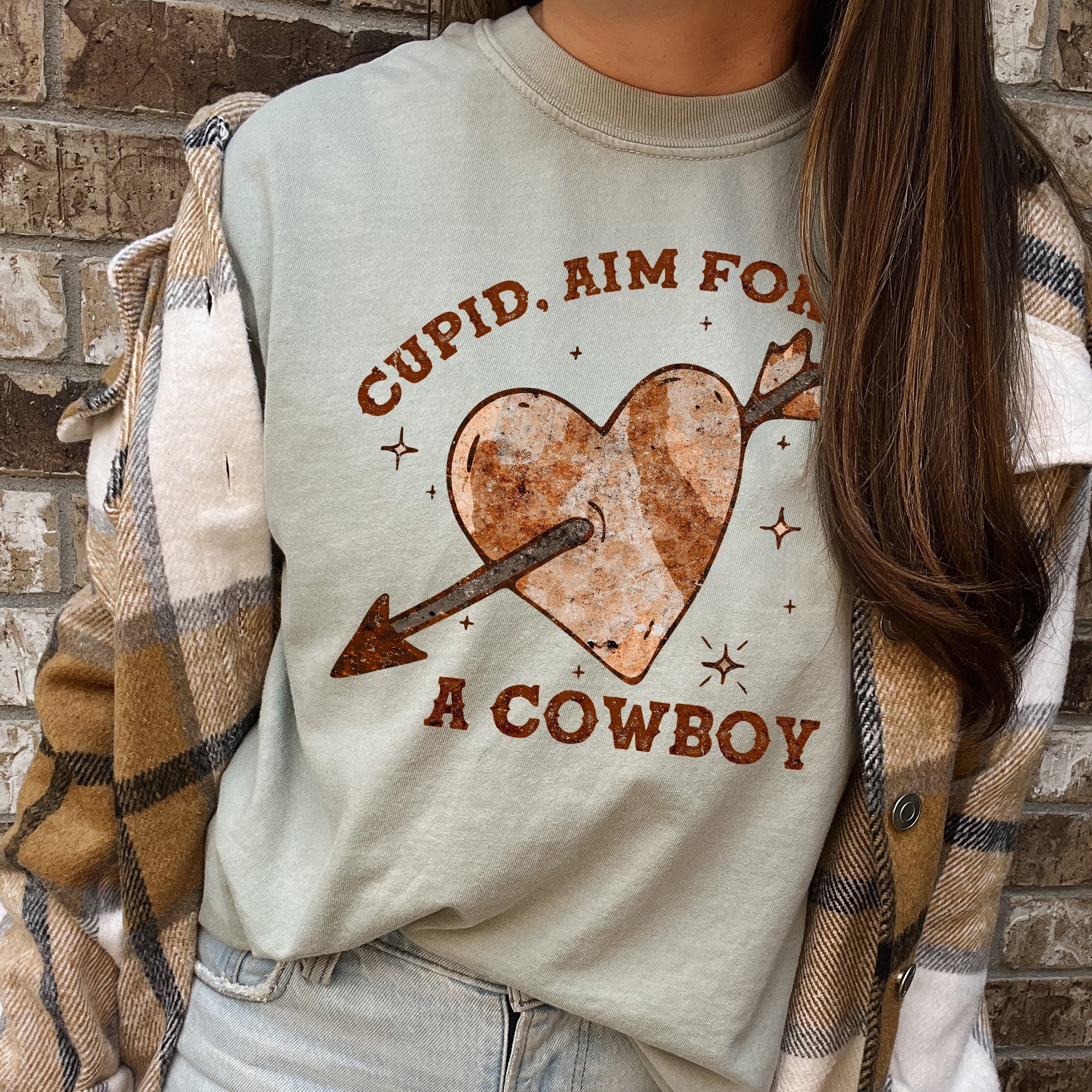 Cupid Aim For A Cowboy Western Heart Valentines Romance Motif Graphic Edition Comfort Colors Tee