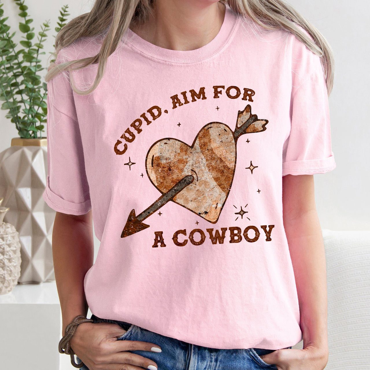 Cupid Aim For A Cowboy Western Heart Valentines Romance Motif Graphic Edition Comfort Colors Tee