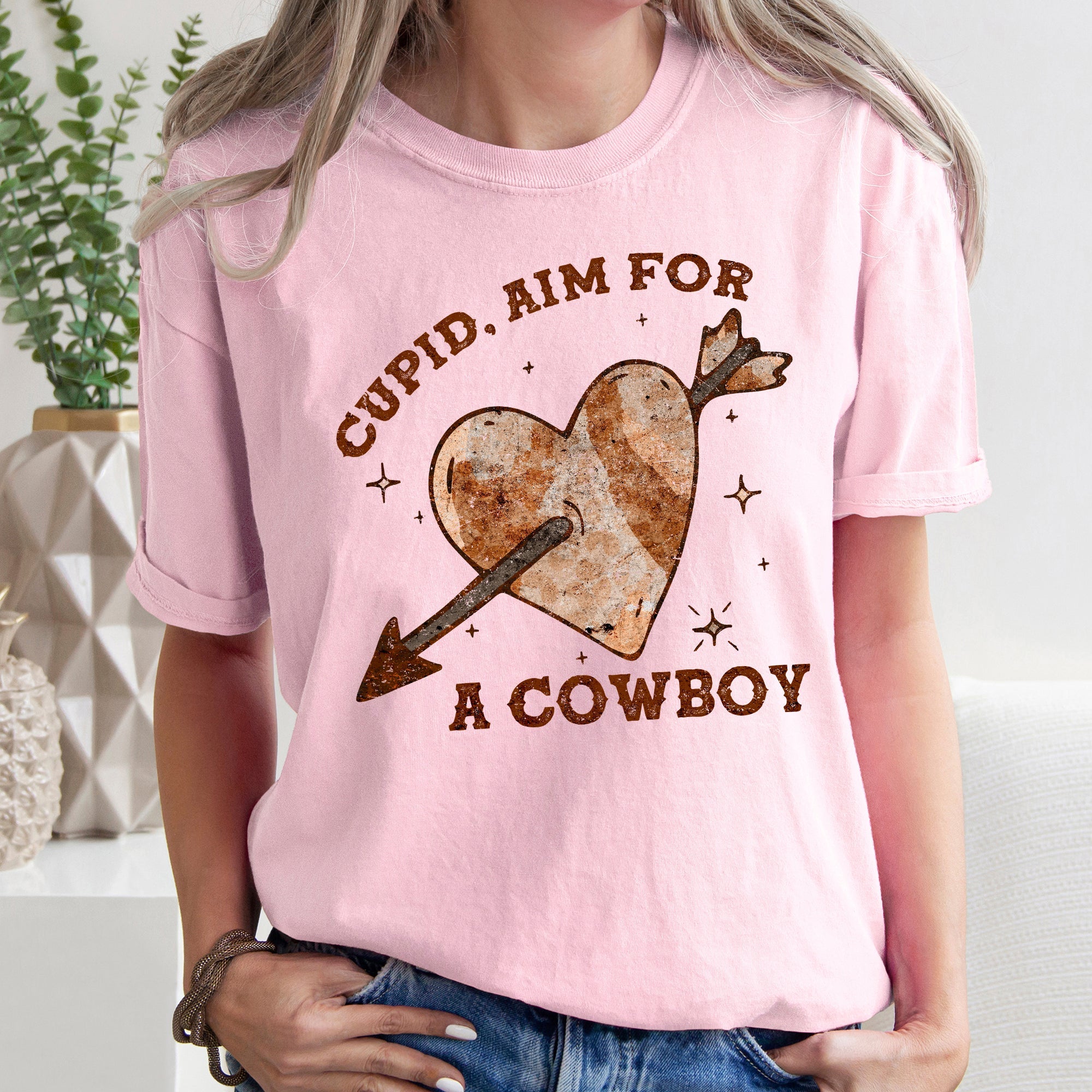 Cupid Aim For A Cowboy Western Heart Valentines Romance Motif Graphic Edition Comfort Colors Tee