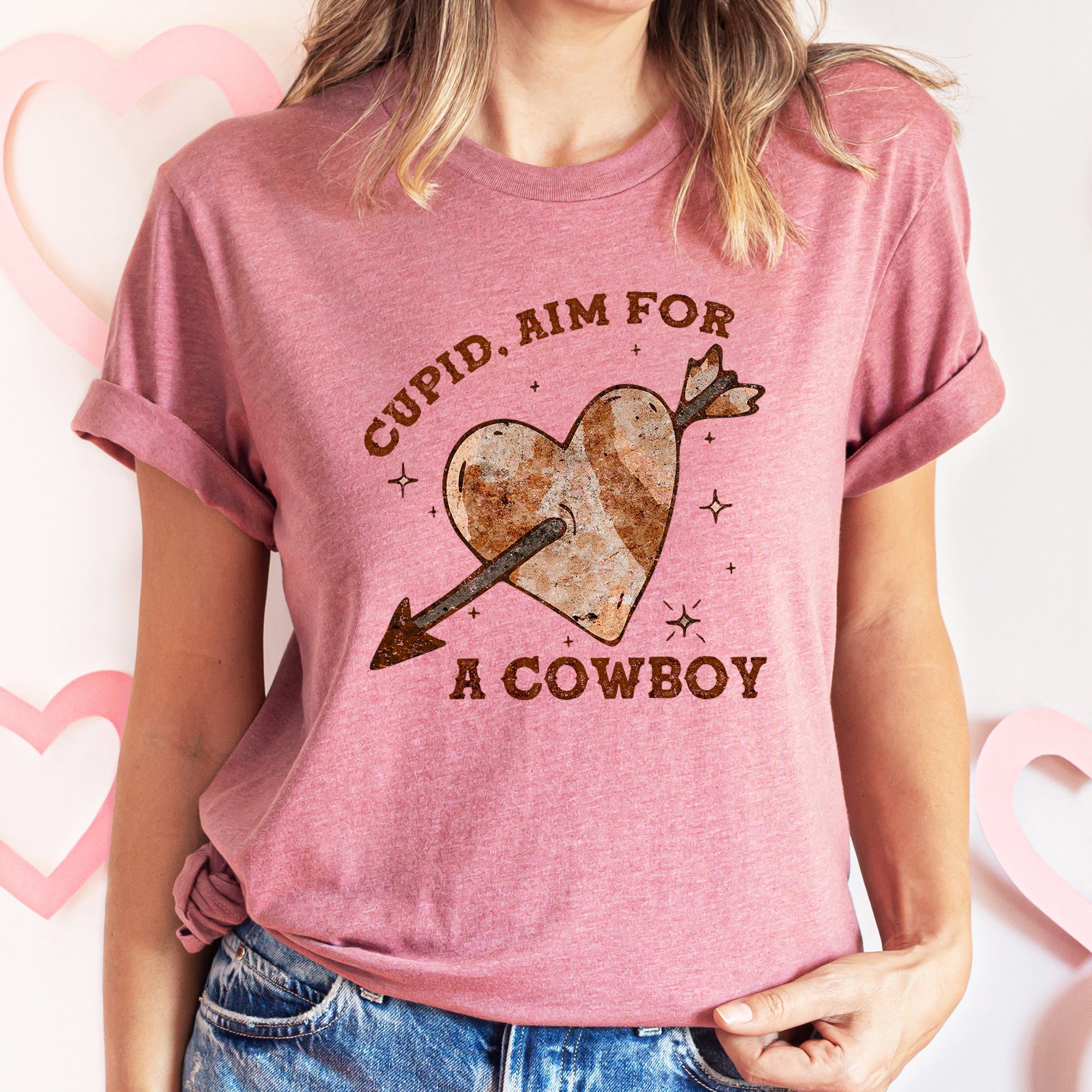 Cupid Aim For A Cowboy Heart Western Country Valentine Love Story Rustic Leather Rodeo Graphic Tee