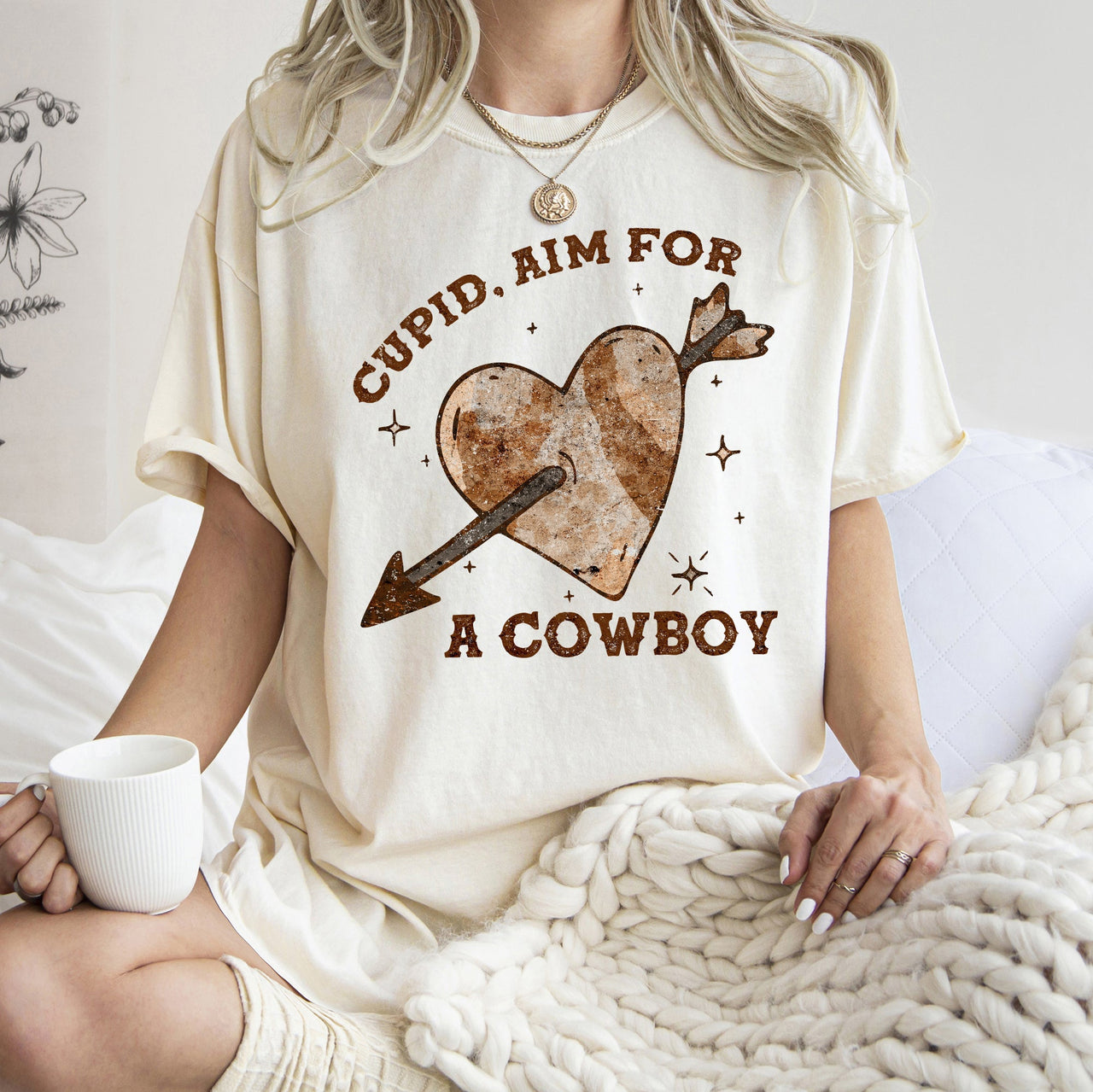 Cupid Aim For A Cowboy Western Heart Valentines Romance Motif Graphic Edition Comfort Colors Tee