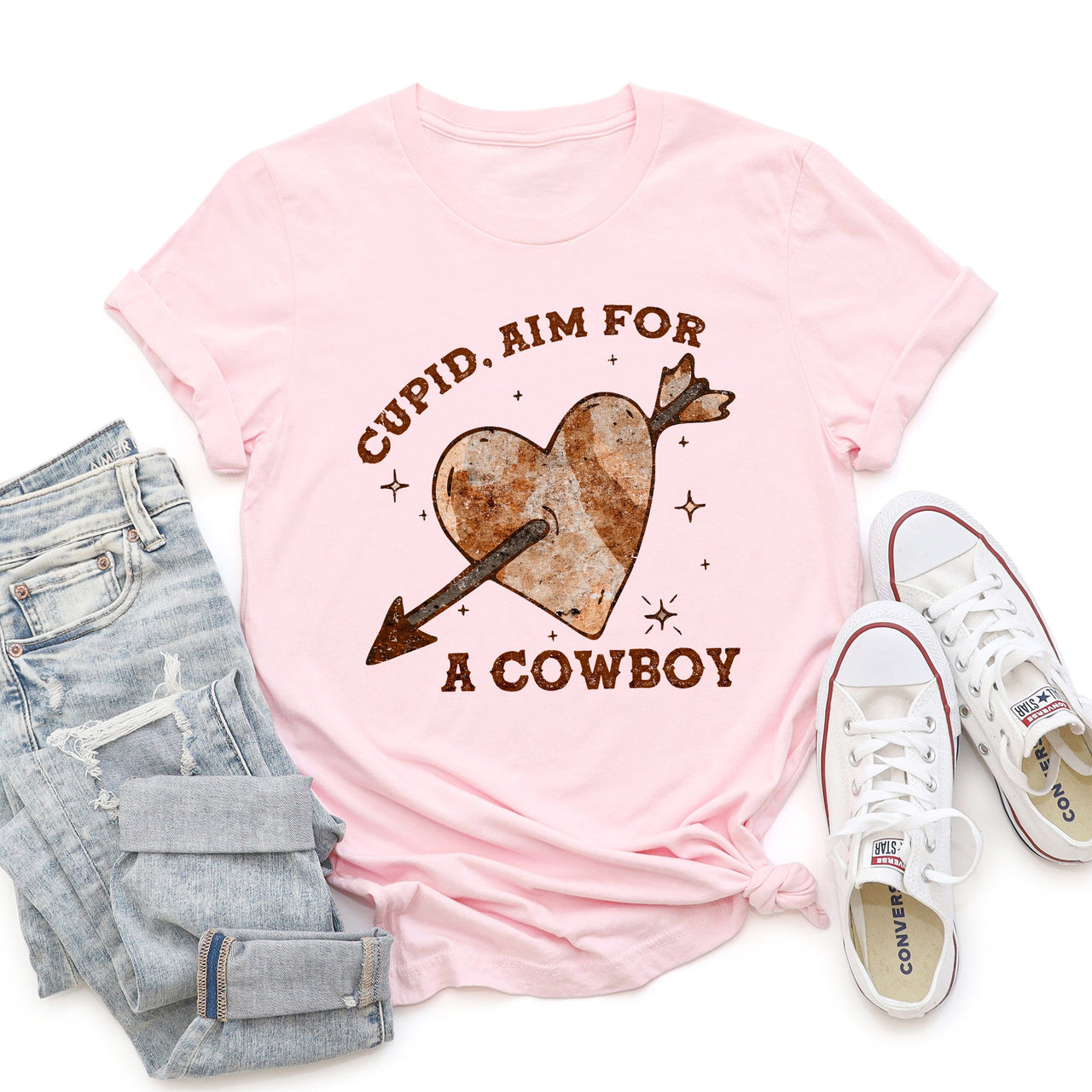 Cupid Aim For A Cowboy Heart Western Country Valentine Love Story Rustic Leather Rodeo Graphic Tee