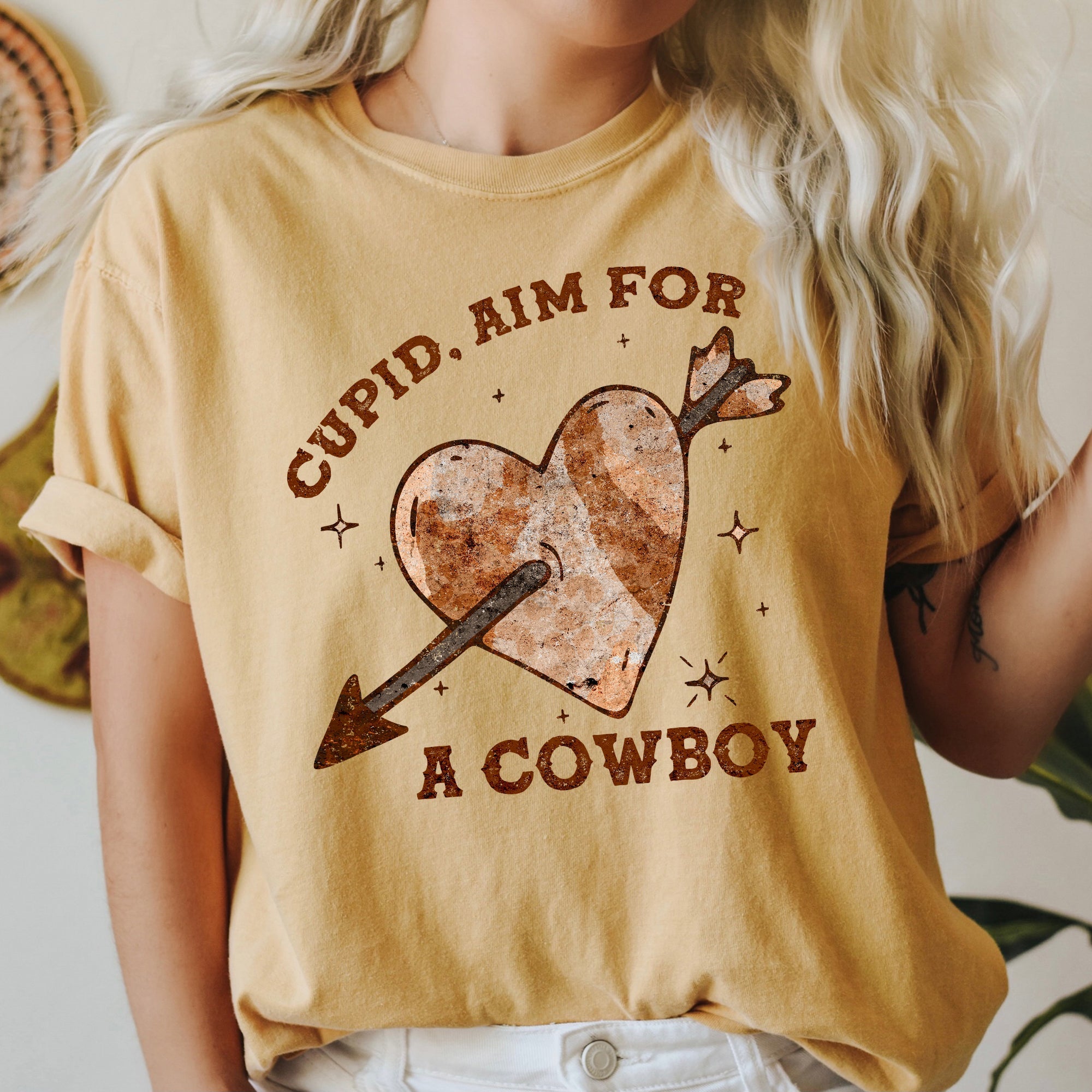 Cupid Aim For A Cowboy Western Heart Valentines Romance Motif Graphic Edition Comfort Colors Tee
