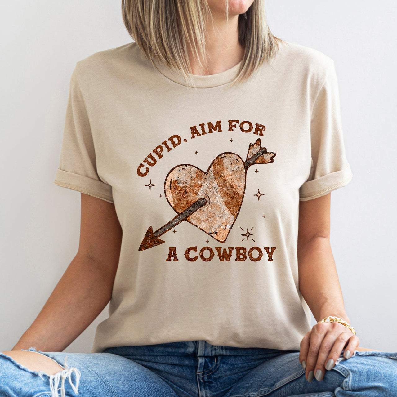 Cupid Aim For A Cowboy Heart Western Country Valentine Love Story Rustic Leather Rodeo Graphic Tee