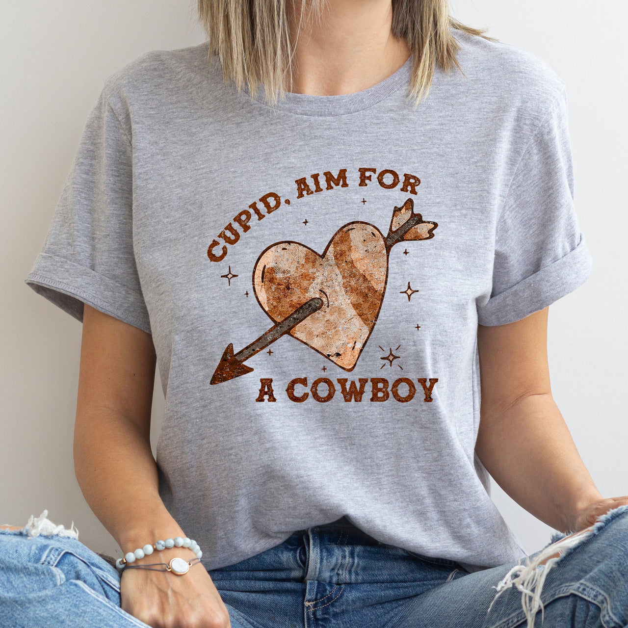 Cupid Aim For A Cowboy Heart Western Country Valentine Love Story Rustic Leather Rodeo Graphic Tee