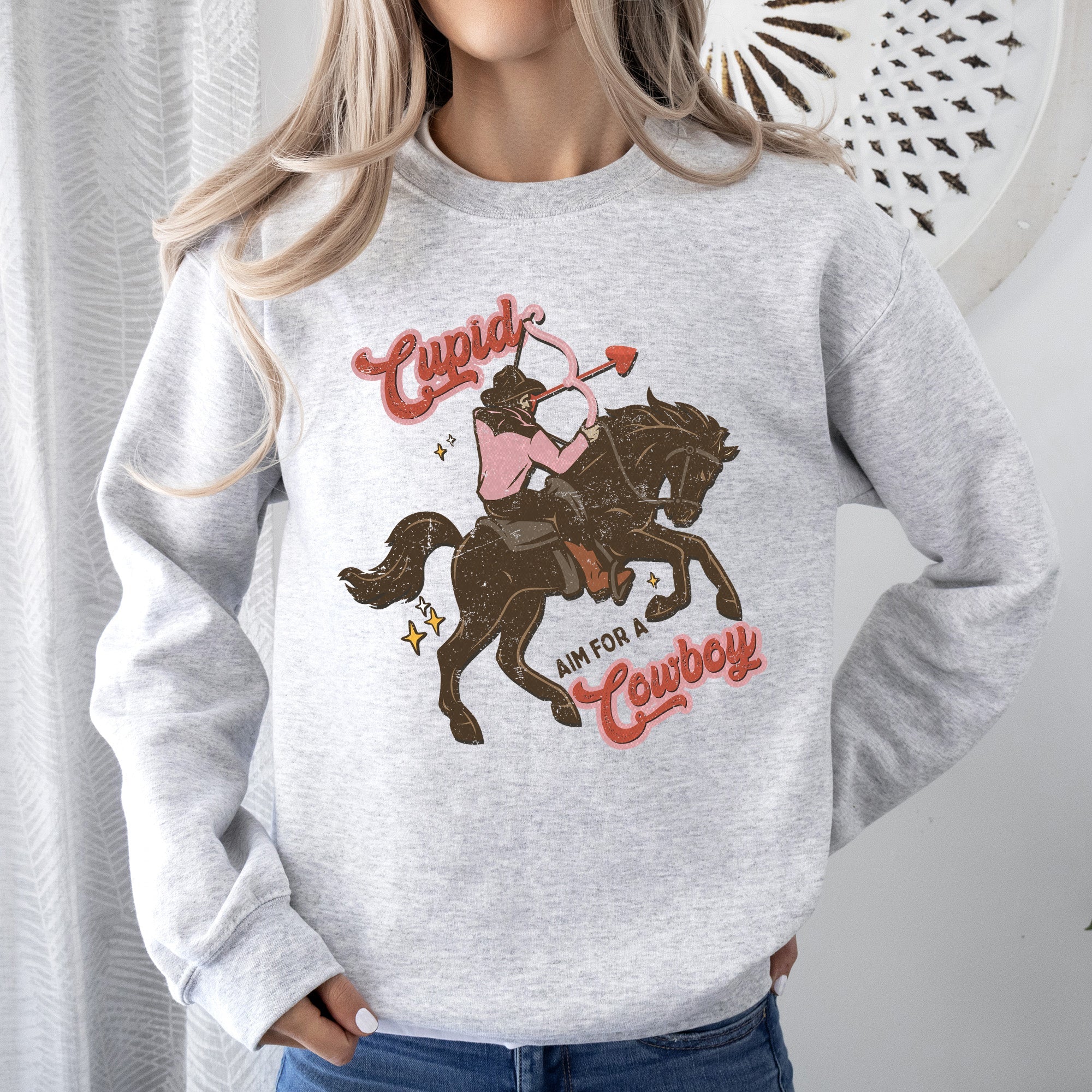 Cupid Aim For A Cowboy Horse Western Country Valentines Day Graphic Cozy Sweatshirt