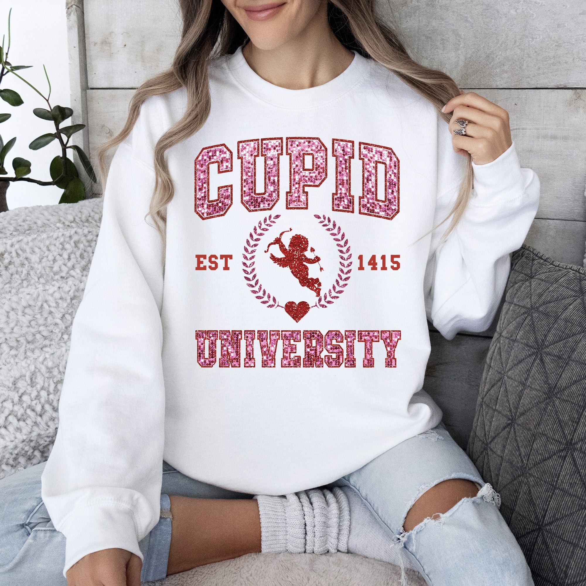 Cupid University Love College Spirit Valentine's Day Edition Cozy Graphic Sweatshirt