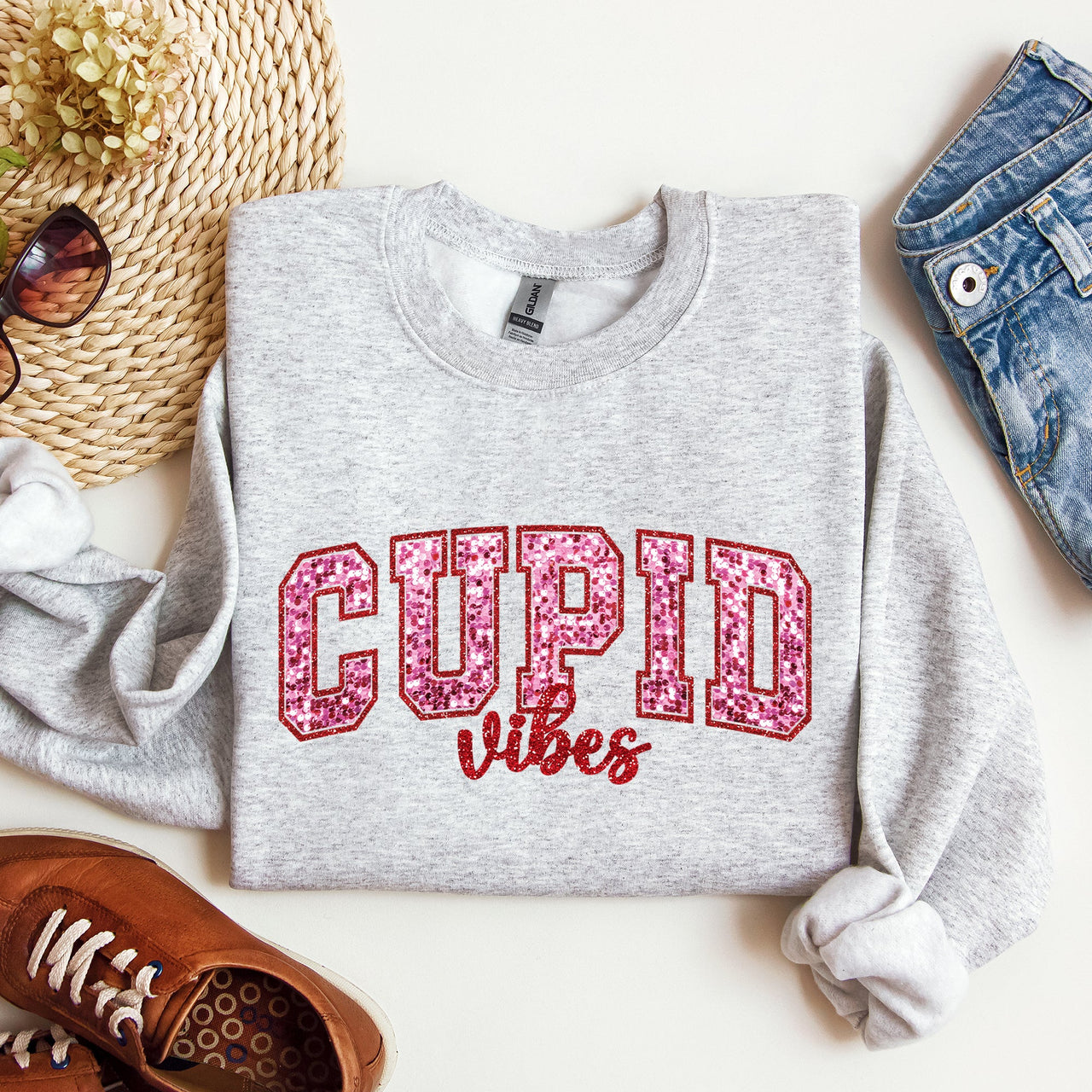 Cupid Vibes Collegiate Love Valentine's Day Cozy Premium Cotton Blend Fleece Sweatshirt