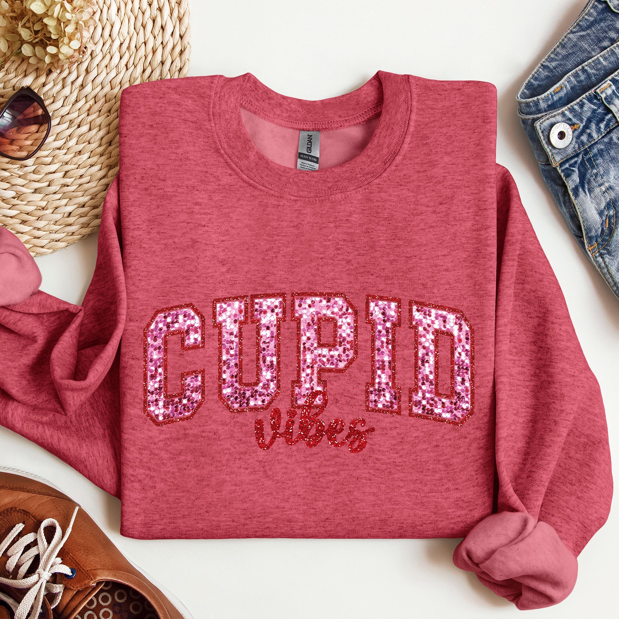 Cupid Vibes Collegiate Love Valentine's Day Cozy Premium Cotton Blend Fleece Sweatshirt