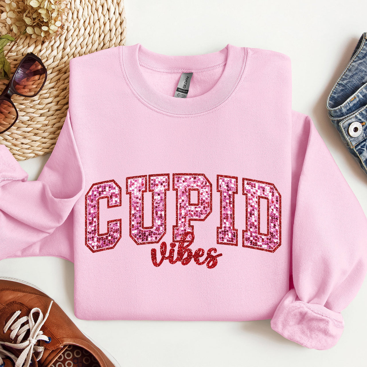 Cupid Vibes Collegiate Love Valentine's Day Cozy Premium Cotton Blend Fleece Sweatshirt