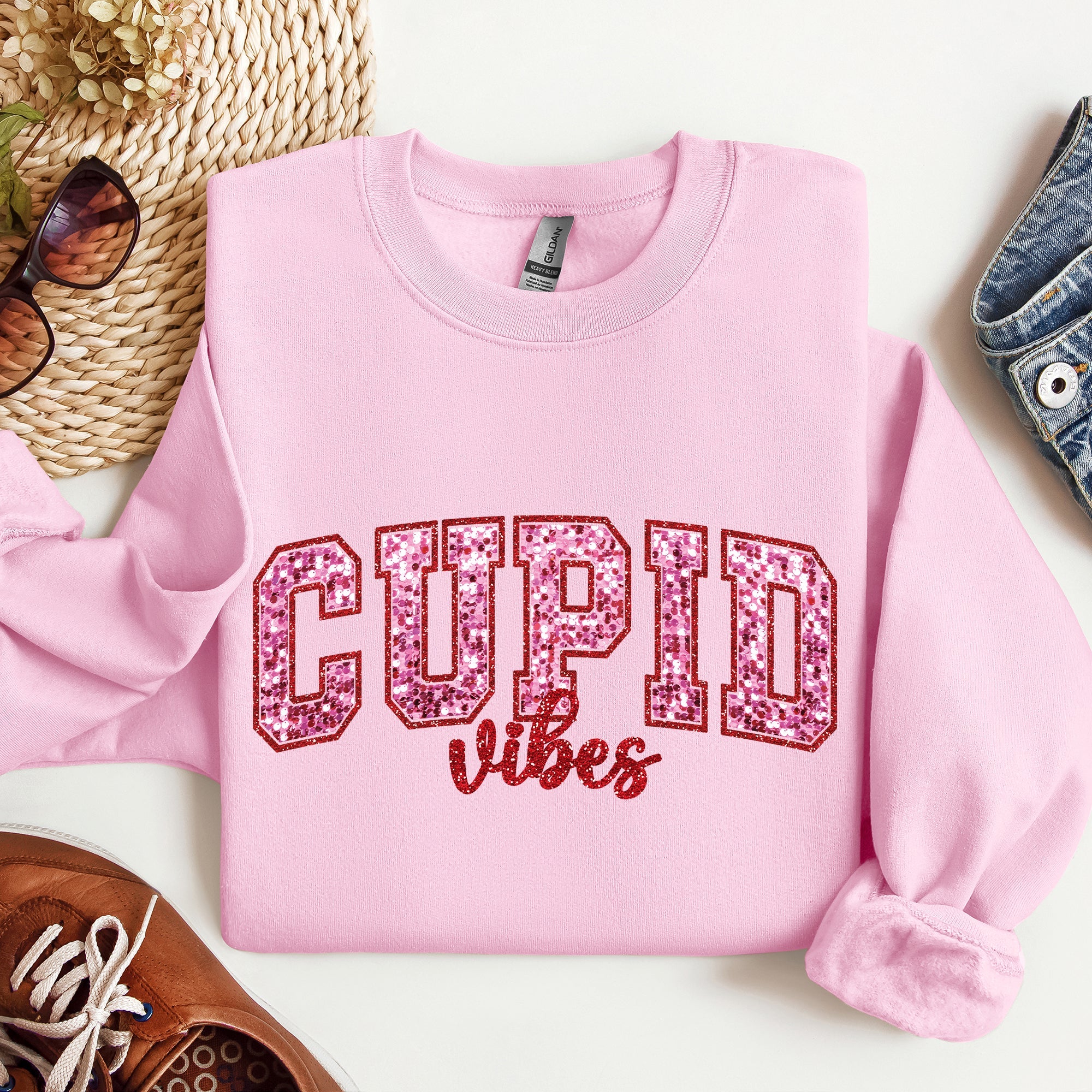 Cupid Vibes Collegiate Love Valentine's Day Cozy Premium Cotton Blend Fleece Sweatshirt