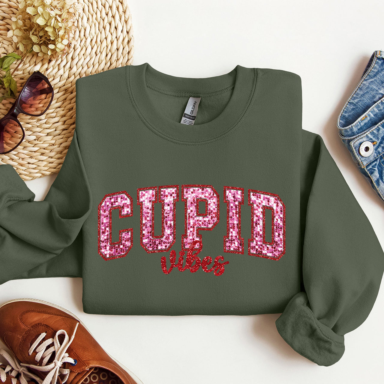 Cupid Vibes Collegiate Love Valentine's Day Cozy Premium Cotton Blend Fleece Sweatshirt