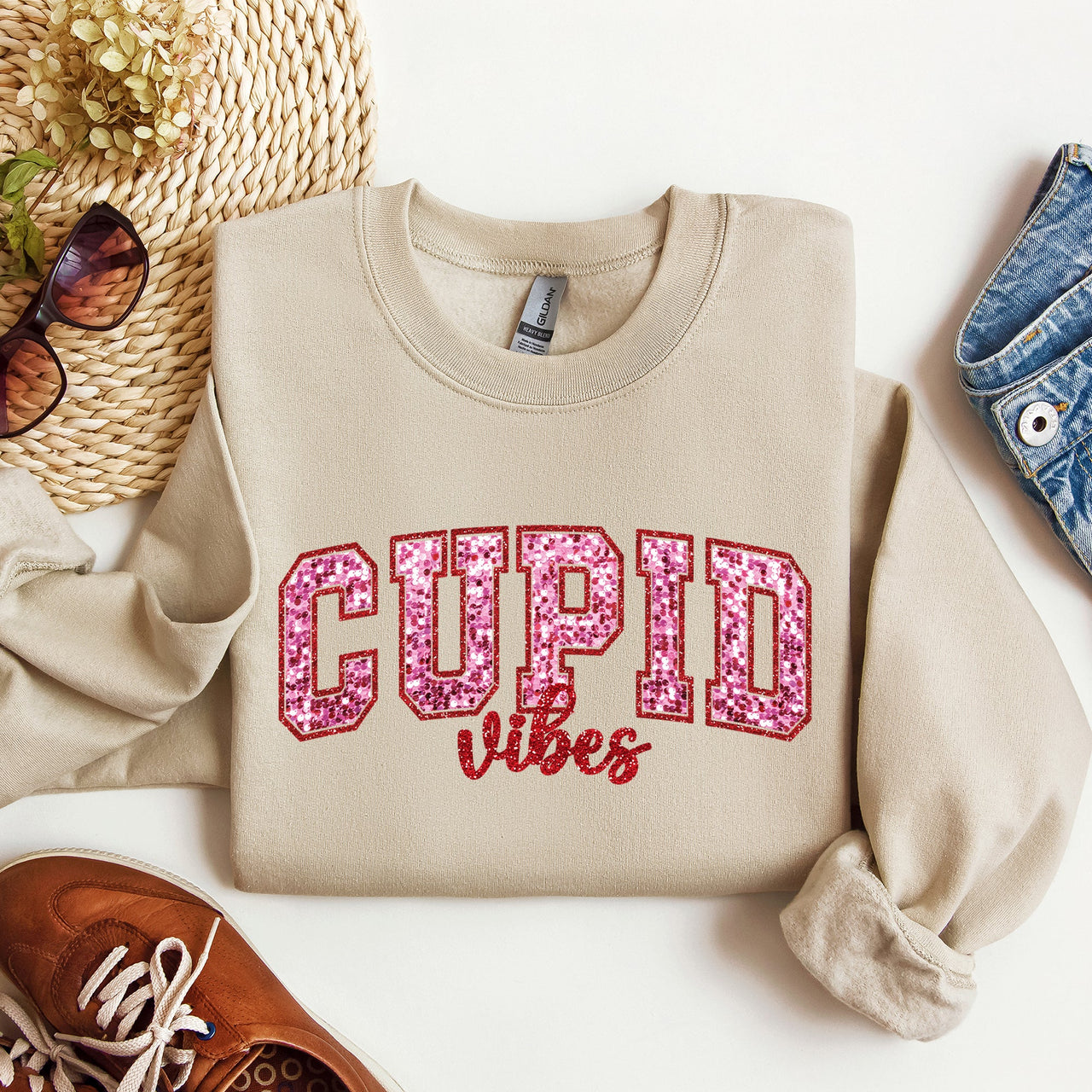 Cupid Vibes Collegiate Love Valentine's Day Cozy Premium Cotton Blend Fleece Sweatshirt