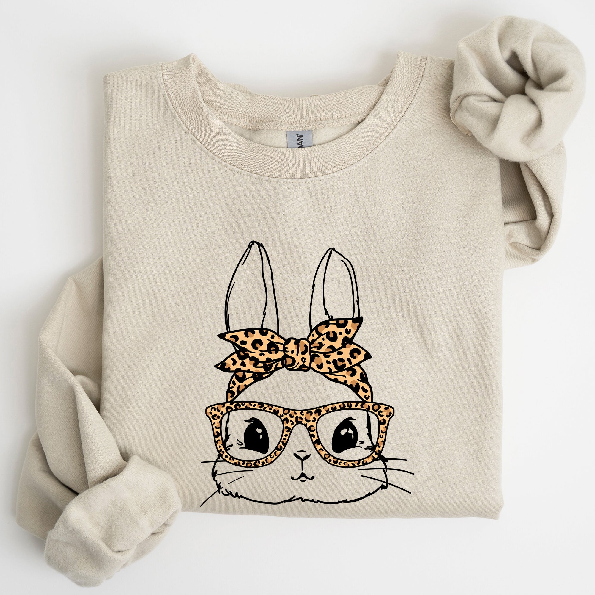 Cute Bunny With Glasses Leopard Bandana Easter Hipster Illustration Print On Vintage Inspired Sweatshirt