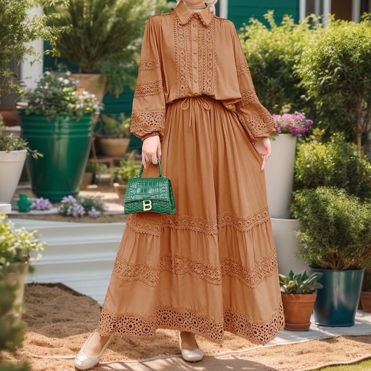 Cutwork Lace Blouse & Tiered Maxi Skirt Set (MS375)