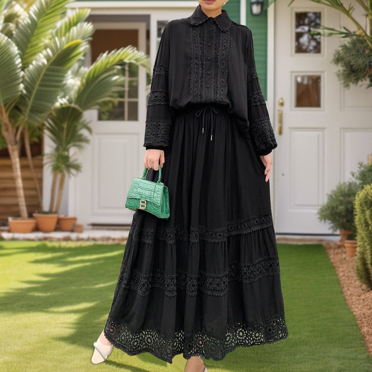 Cutwork Lace Blouse & Tiered Maxi Skirt Set (MS375)