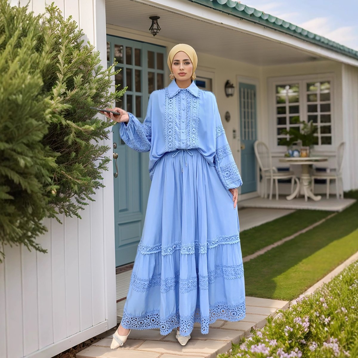 Cutwork Lace Blouse & Tiered Maxi Skirt Set (MS375)