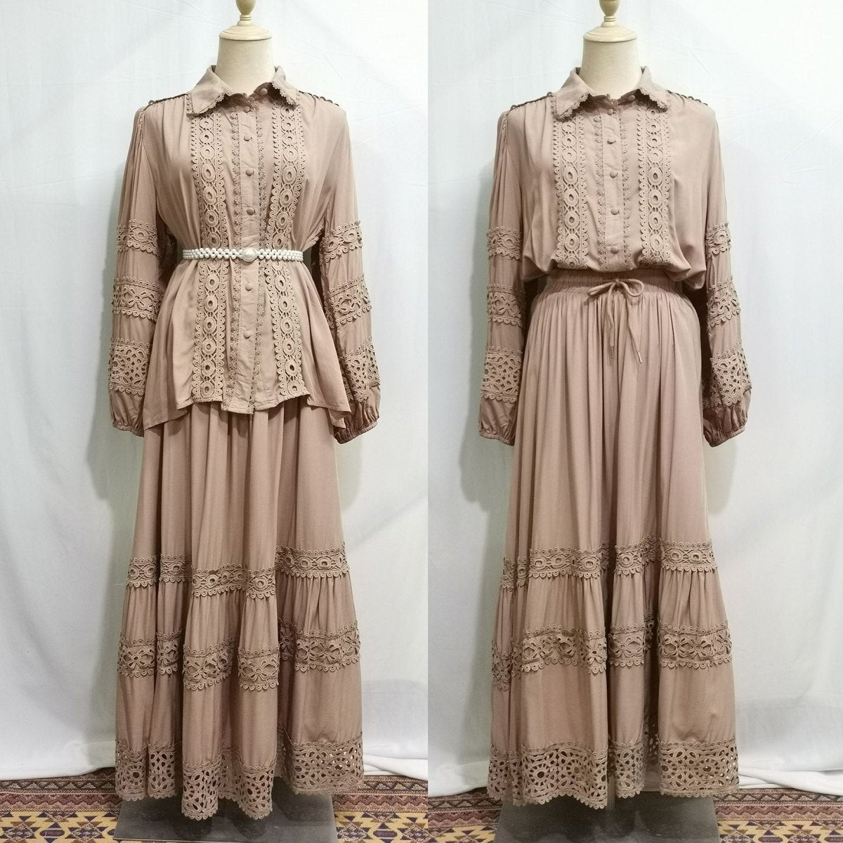 Cutwork Lace Blouse & Tiered Maxi Skirt Set (MS375)