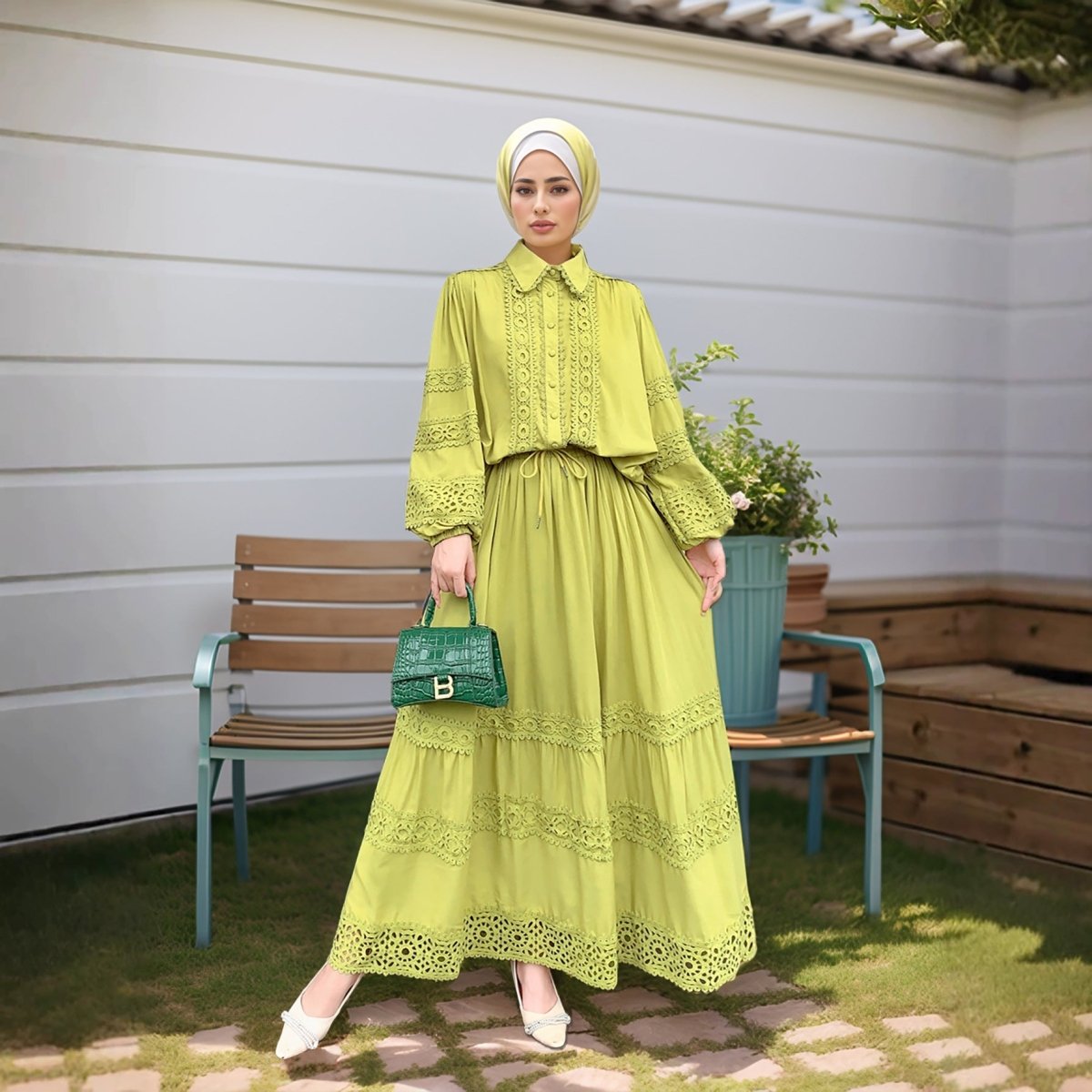 Cutwork Lace Blouse & Tiered Maxi Skirt Set (MS375)